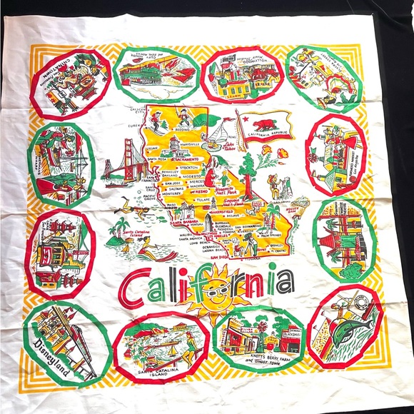 Vintage 50's California Souvenir Map Tablecloth Cloth Poster - New Old Stock
